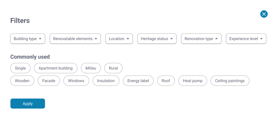 Filter options for browsing renovation stories by property type, region, and project scope